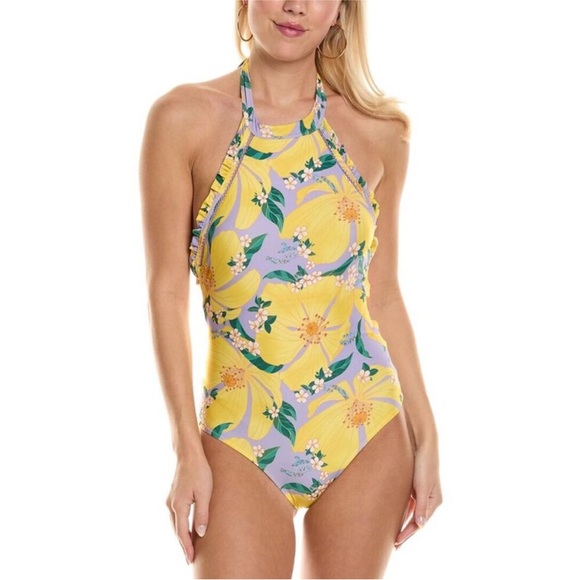 Farm Rio Pietra Floral One Piece Halter Neck Low Back Swimsuit NWT Size M - Picture 1 of 12